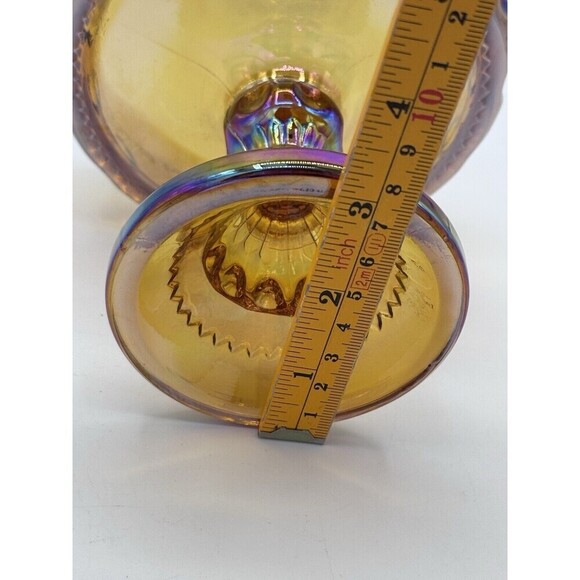 Kings Crown Indiana IRIDESCENT AMBER MARIGOLD Carnival Glass Candy Dish Compote - Picture 6 of 9